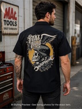 Mac Tools Mechanic Shop Shirt Men’s L Black Skull Wings Button Up Workwear